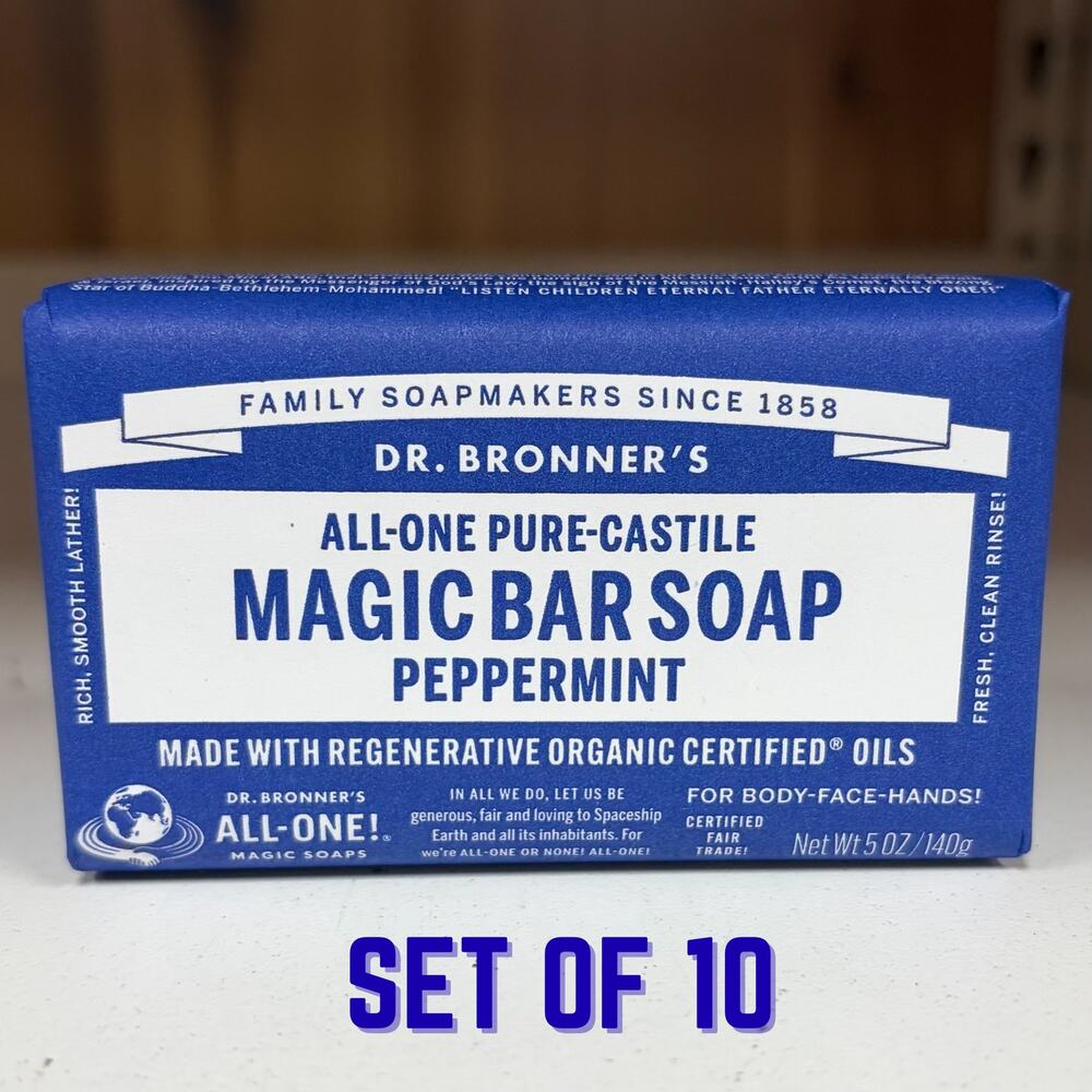 Set 10 Dr Bronner's Peppermint Pure Castile Bar Soap Coconut Hemp Jojoba Oil 5oz